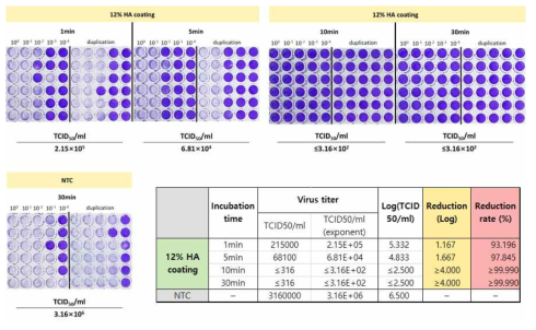12% HA코팅 시료의 반응 시간별 바이러스 사멸효능