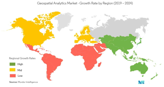 공간정보 분석 시장의 지역별 성장 비율(2019∼2024) 출처 : Expert Market Research(2021), Geospatial Analytics Market