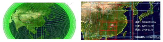 전 지구를 SSSG로 구축(좌) 및 SSSG의 격자 코드 형식에 인공위성 위치 표현(우) 출처 : Gang Wan(2013), SPHERE SHELL SPACE 3D GRID