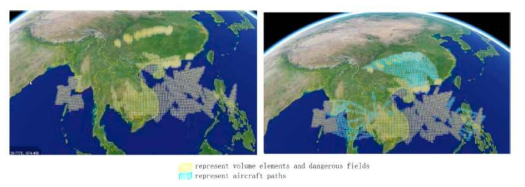 비행 경로 및 위험 구간 격자의 데이터 표현 출처 : Miao et al.(2019), A Low-Altitude Flight Conflict Detection Algorithm Based on a Multilevel Grid Spatiotemporal Index