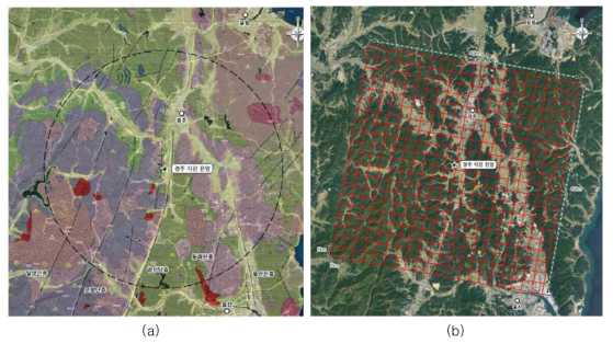 (a) 경주 지진 진앙지 인근 지질도 및 단층 분포 (b) MT 탐사 영역 설정