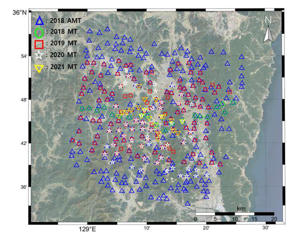 2018년에서 2021년까지 수행된 AMT 및 MT 탐사 측점도