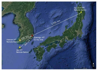 경주 탐사지역 및 제주도, 해남 및 일본의 원거리기준점 위치