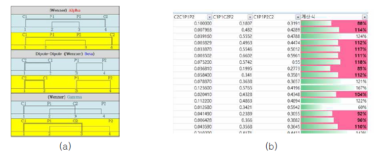 (a) 3가지 전극배열 (b) 측정 자료 검증