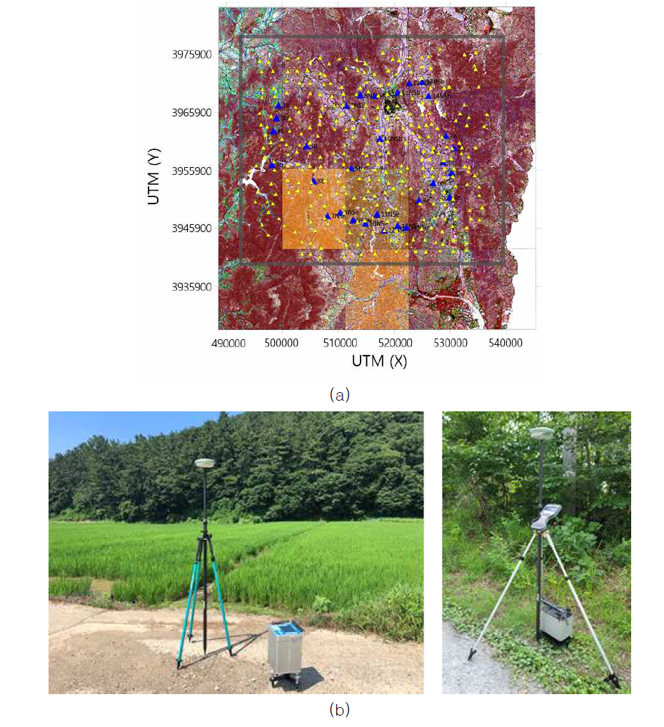 (a) 지형도 위에 표시한 322개 중력 측정점(노란색)과 MT 측선의 끝단(파란색) (b) CG5 중력계(왼쪽), Burris 중력계(오른쪽)와 Leica CS20 & CS07 측량 장비