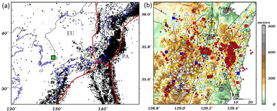 (a) Seismicity and major tectonic boundaries in and around the Korean Peninsula. (b) Earthquake epicenters of the Gyeongju area