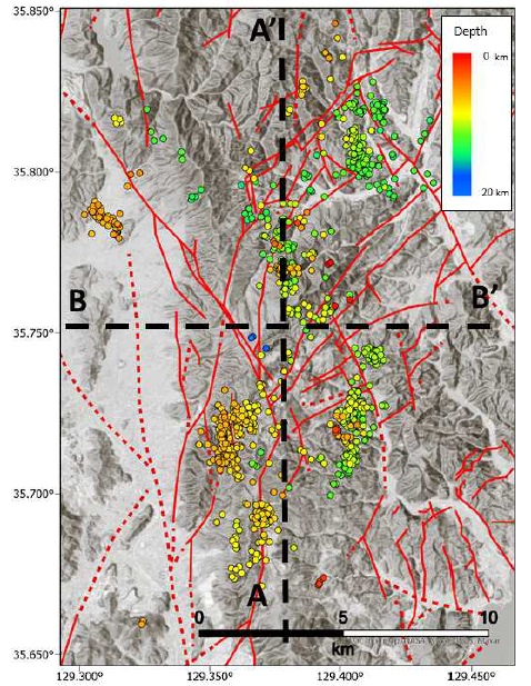 Earthquakes epicenters in the east of the Ulsan fault