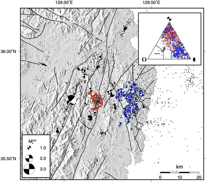 관측 지진 단층면해 분포 및 분류