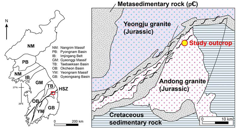 예천전단대 암석이 존재하는 영주지역 지질도와 야외노두 위치. 북서쪽으로는 영주 화강암이, 남동쪽으로는 안동 화강암이 존재하고 있음