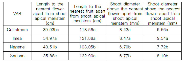 생장점에서 가장 가까운 꽃과 과실까지의 길이와 줄기 굵기(n=3)