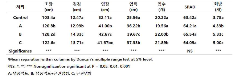 고온기 냉방처리구별 토마토 생육 비교