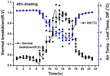 Relationship between the difference between leaf and air temperatures and thermal breakdown at 40% shading. (August 9th)