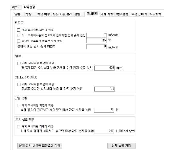 착유 설정 탭의 모니터링 기능 설정