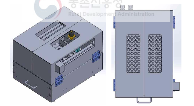 우유 전자동 sampler 장치 3D 설계 1차안 외부 프레임(좌: 등각도, 우: 상면도)