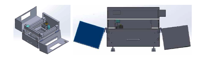 우유 전자동 sampler 장치 3D 설계 1차안 외부 프레임 개방 형태(좌: 등각도, 우: 측면도)