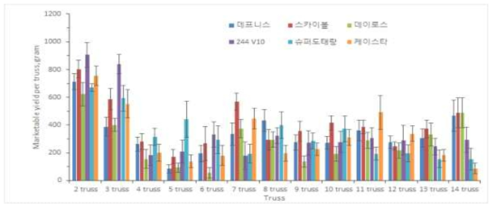 대과종 토마토의 품종 및 화방별 주당 상품수량 분포(수확시기는 그림 10참조)