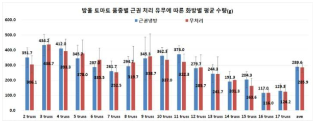 방울토마토 품종의 근권 냉방 처리에 따른 화방별 주당 평균 수량 분포(수확 시기는 그림 48참조)