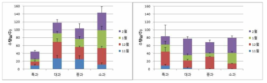 7월(좌), 9월(우) 정식 시 과실 등급 별 주당 수량