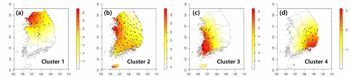 SOM으로부터 결정된 각 그룹에서 KDE(Kernel density estimation)와 샘플링 지점의 공간적 분포