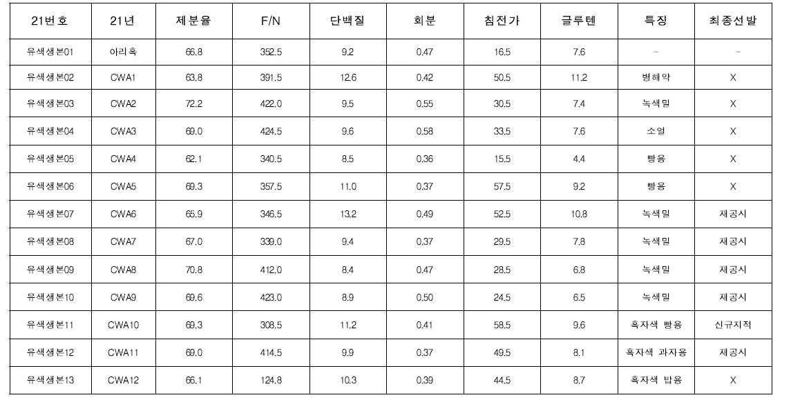 유색밀 생산력검정 본시험 계통 품질 분석 (’21, 전주)