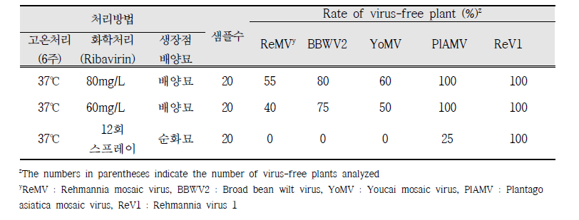 복합 바이러스제거 처리 방법별 바이러스 검정 비교(RT-PCR)