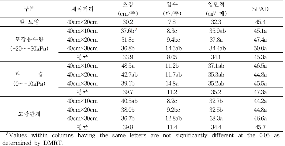 토양수분 함량 및 재식거리별 지상부 생육