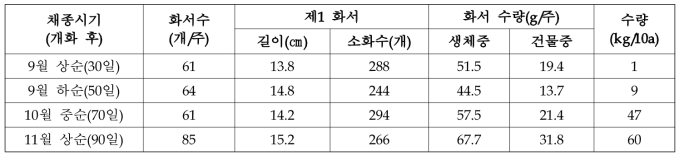 배초향 채종시기별 수량특성(2019~2020)