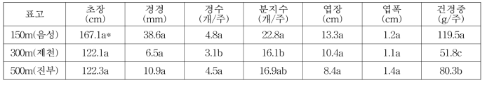 지대별 2년생 시호 지상부 생육 특성(’20)