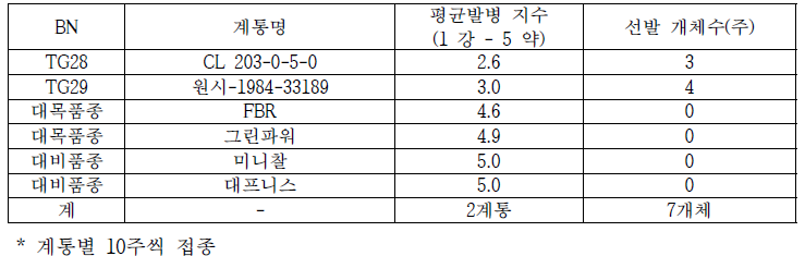 풋마름병 저항성으로 선발된 계통별 개체수 : 2계통 7개체