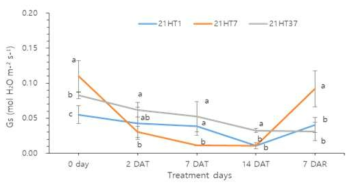 고온처리시 고추 품종별 호흡율 변화 DAT- days after transplanting, DAR- days after recovery at normal condition. Vertical bars represent SD (n = 4). Different letters indicate significant differences by Duncan’s multiple range test at p< 0.05