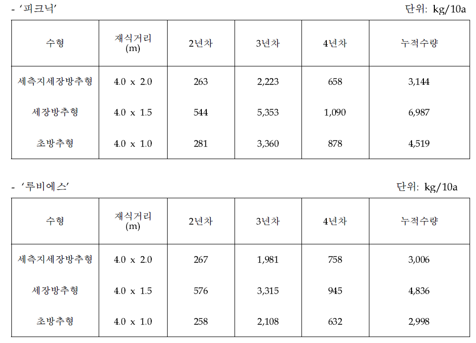 중·소과 품종 재식 4년차 수형별 과실수량(2020)