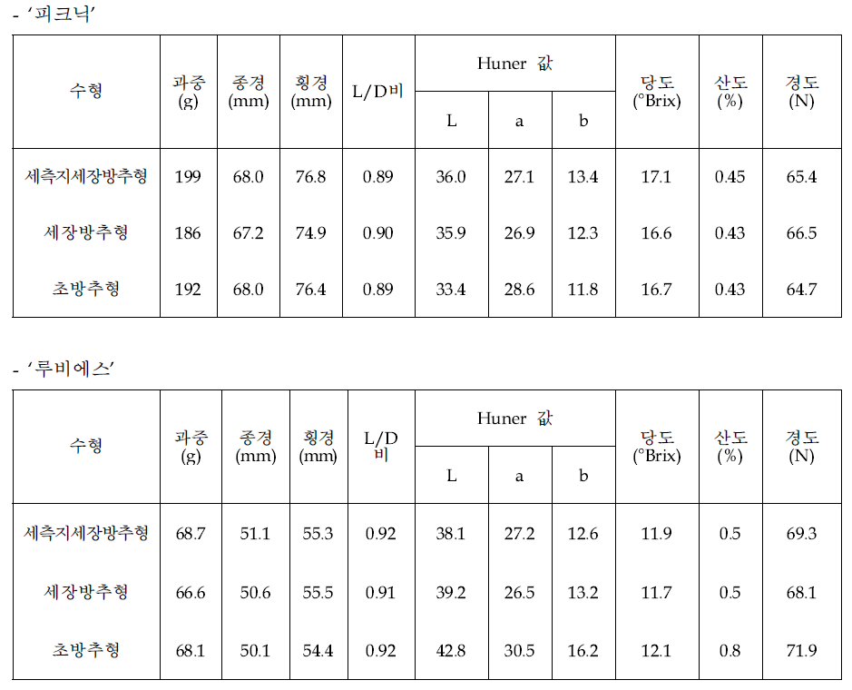 중·소과 품종의 재식 4년 수형별 과실특성(2020)