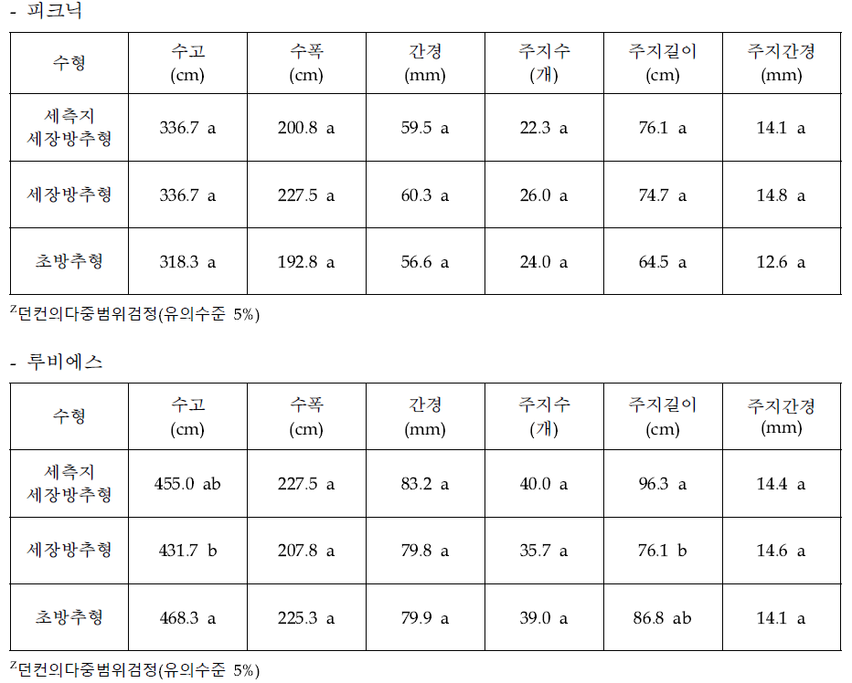 중·소과 품종 재식 5년차 수형별 수체생육상황(2021)