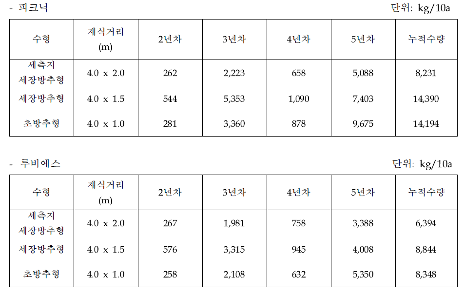 중·소과 품종 재식 5년차 수형별 과실수량(2021)