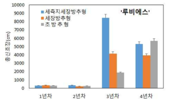 수형별 ‘루비에스’ 품종의 연차별 총 신초장