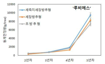 수형별 ‘루비에스’ 품종의 연차별 동계전정량