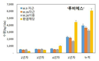 대목에 따른 ‘루비에스’의 연차별 수량 및 누적수량