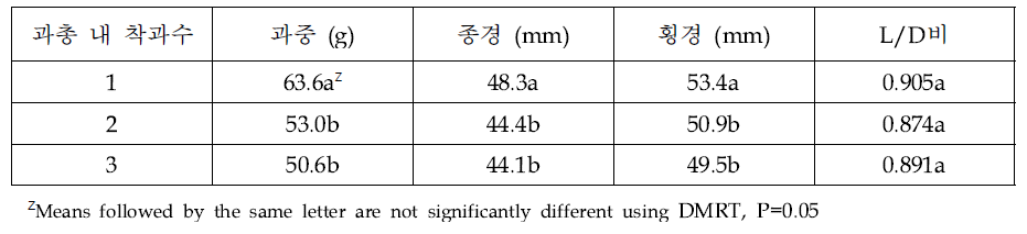 ’루비에스’/M.26의 과총 내 착과수에 따른 과실 크기 및 모양 (2020)