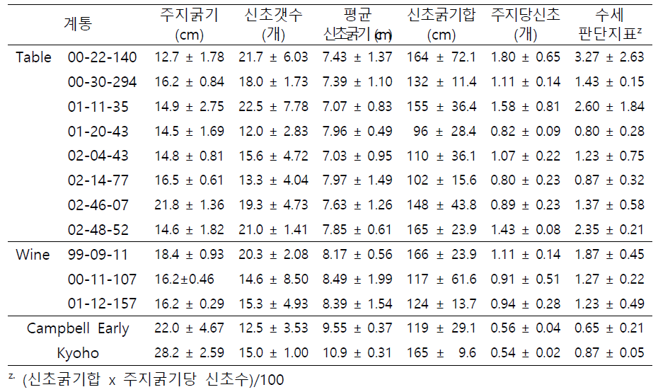 평가계통의 수체생장량 비교