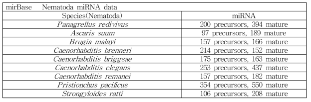 mirBase 선충관련 miRNA 정보