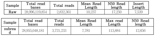 Pacbio sequencing raw and subread data summary