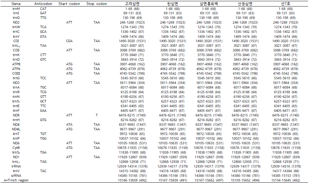 45개 시료에 대한 미토콘드리아 유전체 주석화 결과(계속)