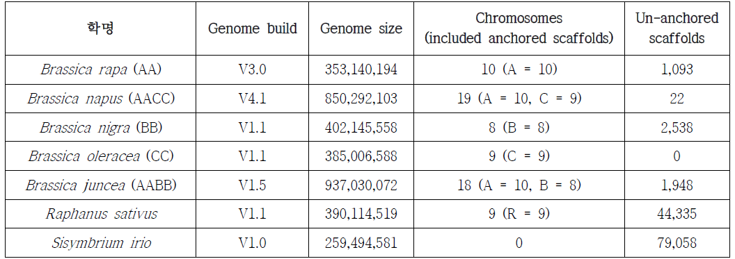 기 공개된 배추속 작물 유전체 데이터 7종 수집