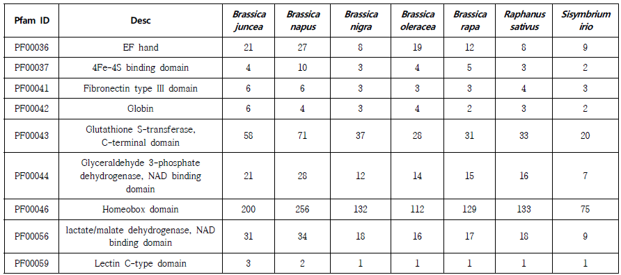 배추속 작물 7종 유전체에 대한 gene family 별 유전자 빈도 결과 일부