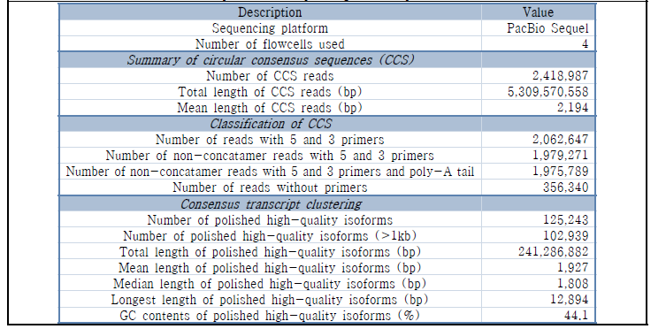 Summary of the transcript isoform sequencing (Iso-seq) and analysis