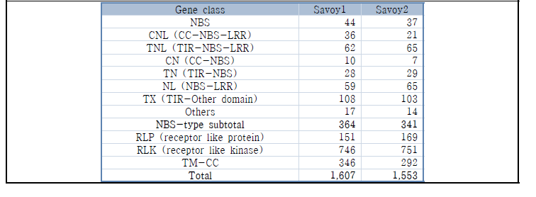 Summary of resistance gene analogs (RGAs) in the Savoy cabbage genomes