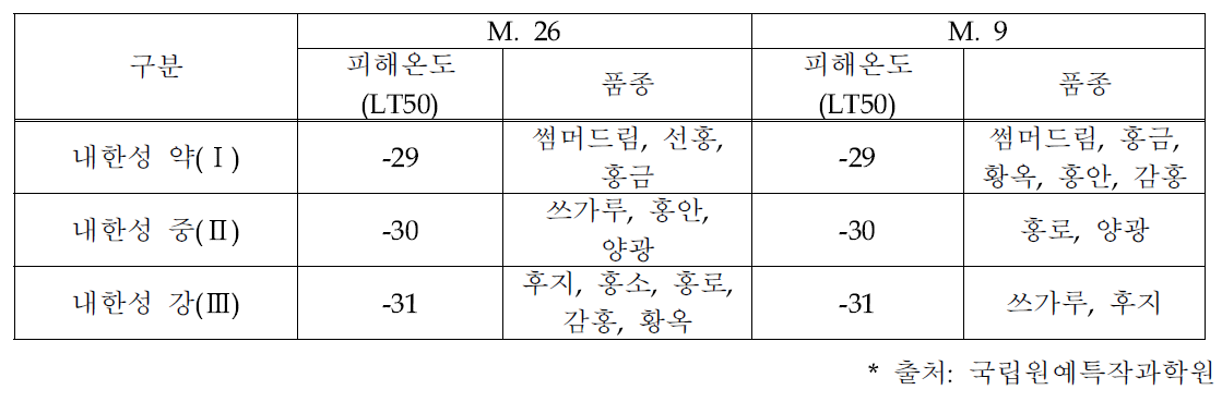 사과 품종별 저온 발생시 동해 피해 발생 50% 발생 기준 온도