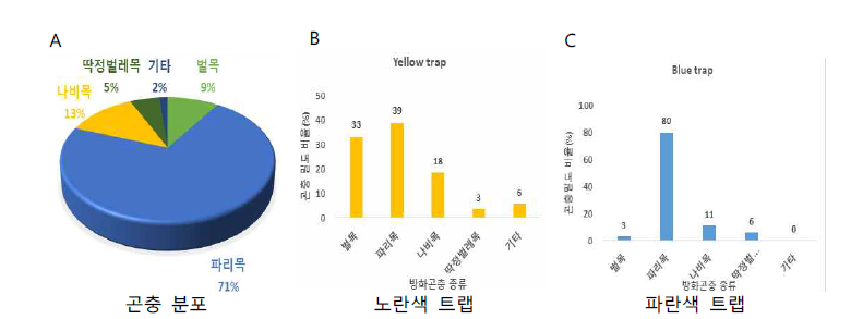 메밀 주산지 봉평지역 방화곤충 밀도(2016). 2016년 8월 31일부터 9월 12일까지 12일간 평창 봉평지역 일반메밀밭의 곤충 개체수를 기준으로 함. A, 메밀밭 방문곤충의 수치 비교; B, 노란색 점착트랩에 붙은 곤충밀도 비율, C, 파란색 점착트랩에 붙은 곤충밀도 비율