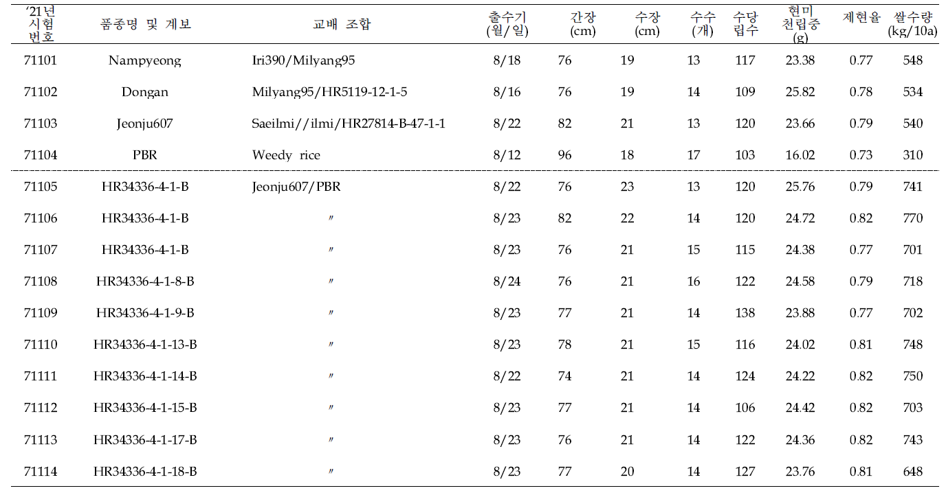 혐기발아 생산력(혐기 OYT 시험 결과요약 (3본식, 1반복, 40주 수확평가)