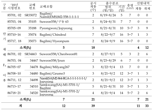 (계속) 출수기·미질 변이 저감 벼 육종소재 개발 위한 F4 이후 계통 공시 및 선발내역